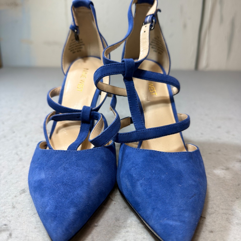 Nine West Tenlee Pumps Women 7M Blue Suede Leather Strappy Stiletto Pointed Toe